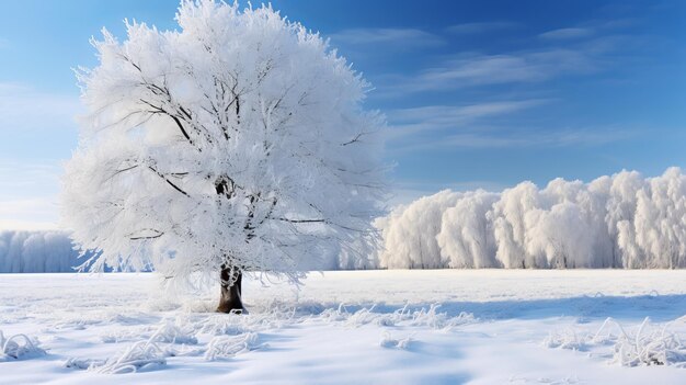 Winter landscape snow covered tree in tranquil forest frosty meadow