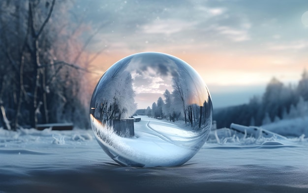 Winter landscape in snow inside a crystal ball Generative AI