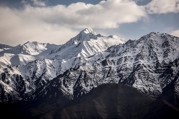 Winter landscape snow mountain with blue sky from Leh Ladakh India.