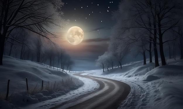 winter landscape Snow night sky Road going far away