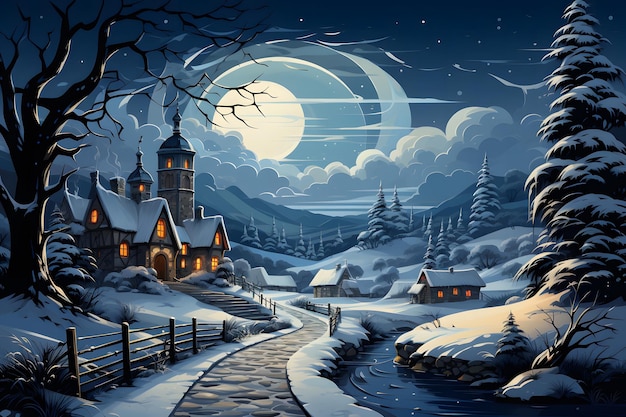 Winter landscape in the snowy night