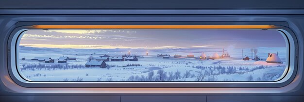 Photo winter landscape viewed through train window shows snowcovered ground with scattered trees and buildings distant town at dusk travel agency tours scenic train ride snowy prairie