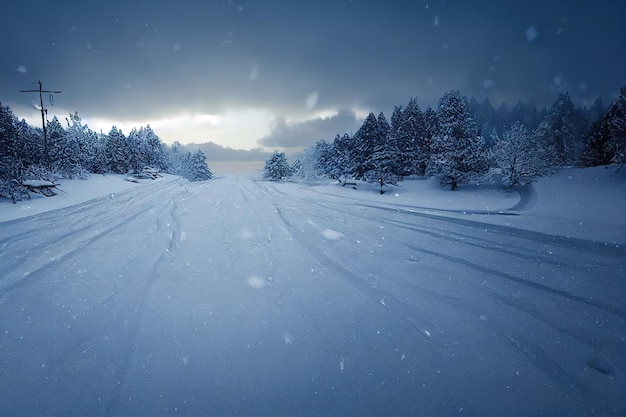 Winter landscape Winter road and trees covered with snow 3d render Raster illustration