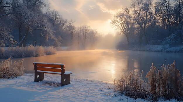 Photo winter landscape with a bench by the lake