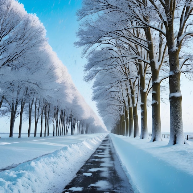 Winter landscape with birch trees in hoarfrost along covered with Snow covered trees