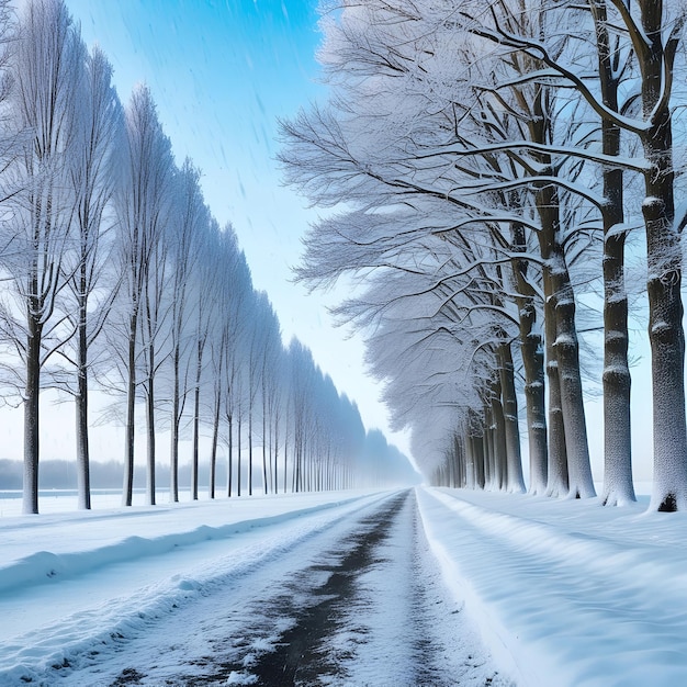 Winter landscape with birch trees in hoarfrost along covered with Snow covered trees