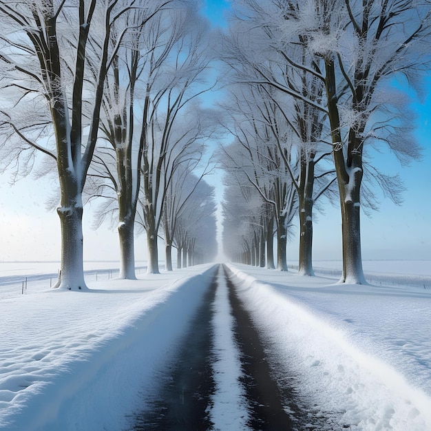 Photo winter landscape with birch trees in hoarfrost along covered with snow covered trees