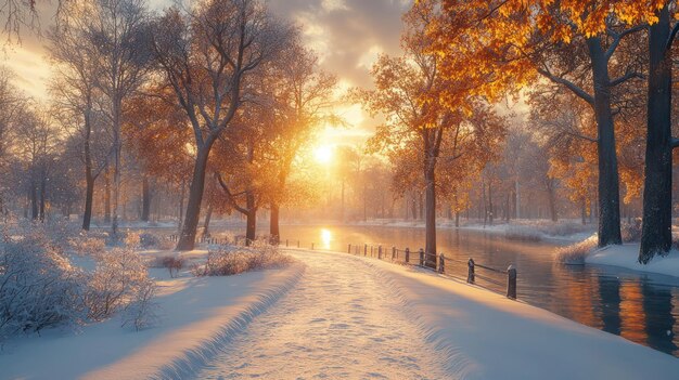 winter landscape with a bridge and trees in the snow