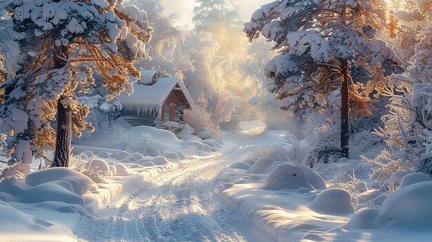 winter landscape with a cabin in the background