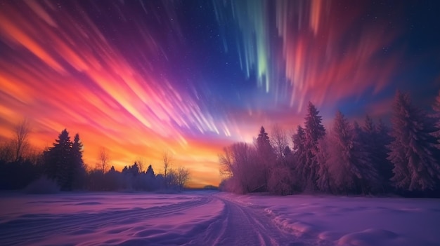 A winter landscape with a colorful sky and the word winter on it