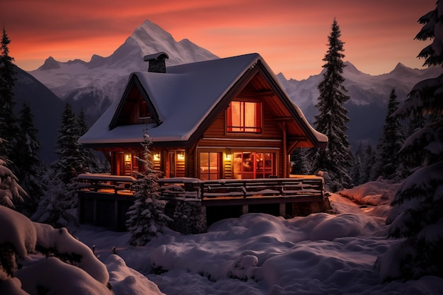 Winter landscape with cozy snowcapped cabin in mountains Generative AI