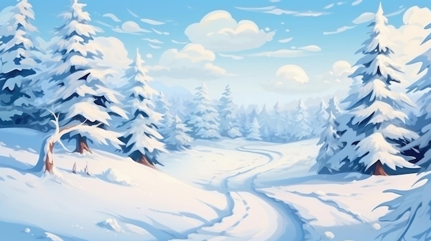 Winter landscape with fair trees under the snow Scenery for the tourists Christmas holidays Trampled path in the snowdrifts