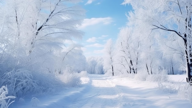 Winter landscape with fair trees under the snow Scenery for the tourists Christmas holidays Trampled path in the snowdrifts