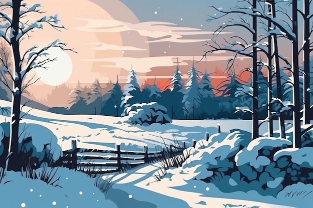 Winter landscape with a fence and trees in the snow.