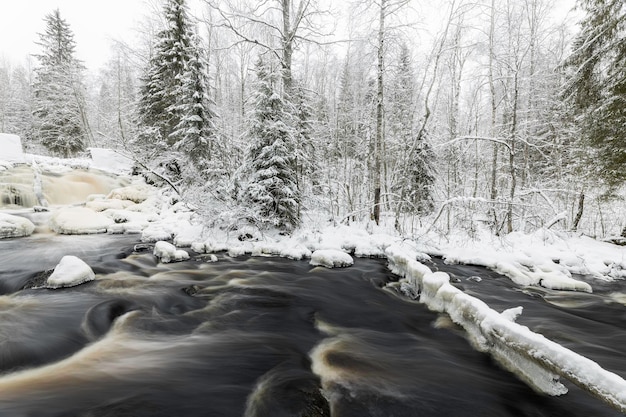 Winter landscape with forest river Waterfall Prokinkoski Khikhniyoki river Karelia Russia