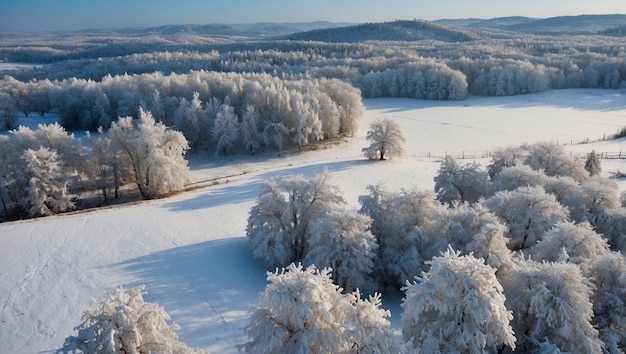 winter landscape with frosted trees and a mountain in the background