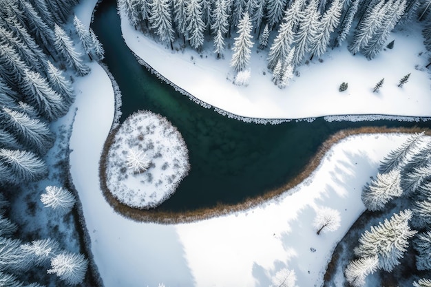 Winter landscape with a frozen river and snowcovered trees seen from above Generative AI