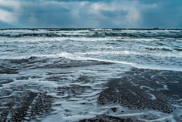 Winter landscape with frozen sea and icy beach Storm and snow weather Dramatic seascape