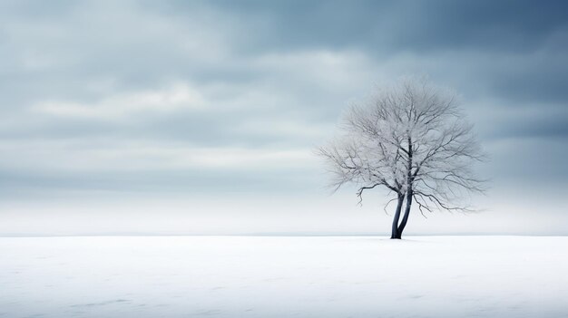 Winter landscape with frozen tree and cloudy sky