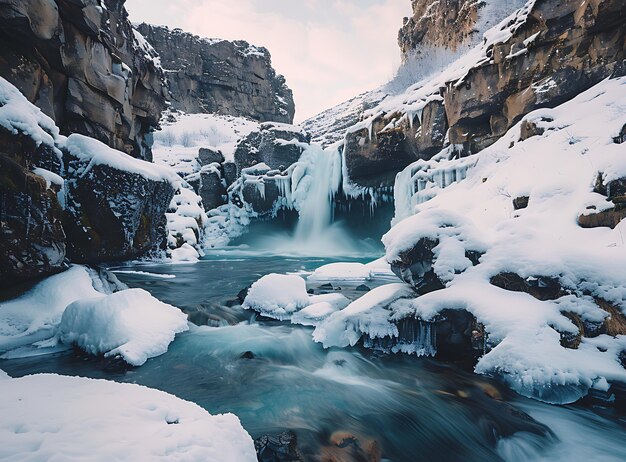 Photo winter landscape with frozen waterfall and snowcovered rocks