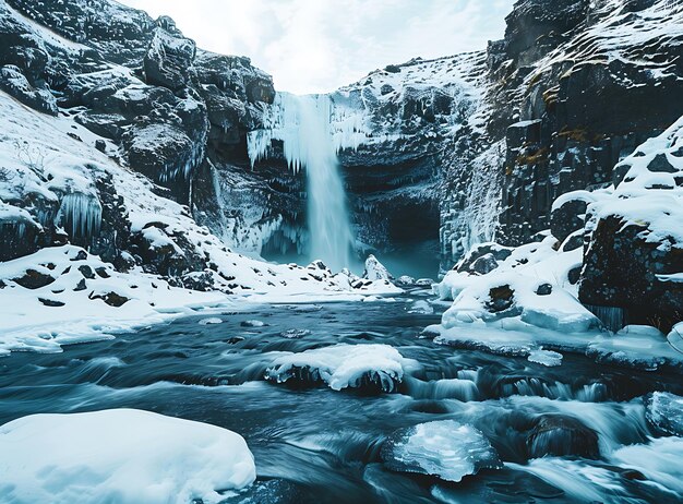 Photo winter landscape with frozen waterfall and snowcovered rocks