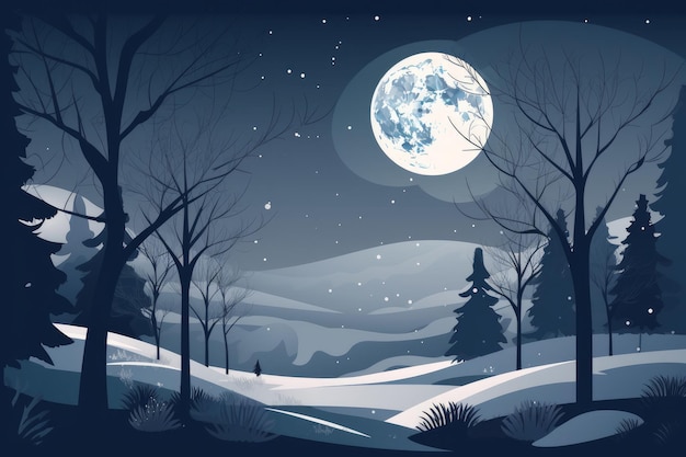 A winter landscape with a full moon and snow covered trees