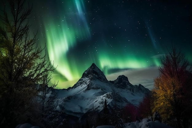 A winter landscape with a green aurora above a mountain