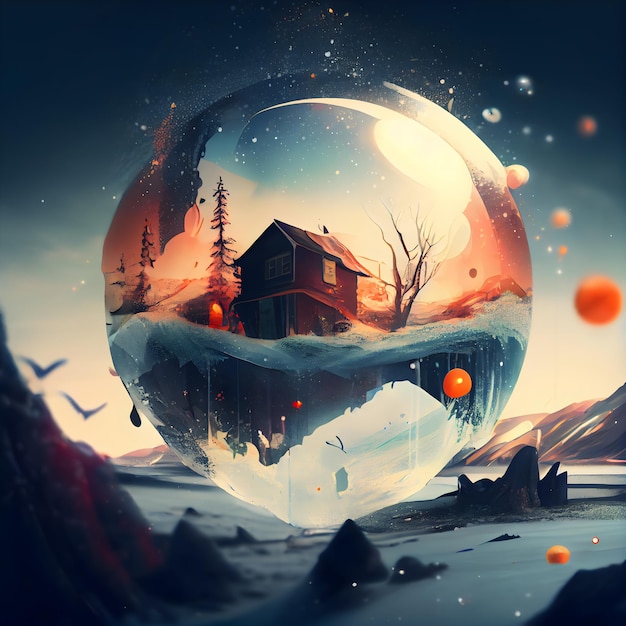 Winter landscape with a house in a snow globe 3D rendering