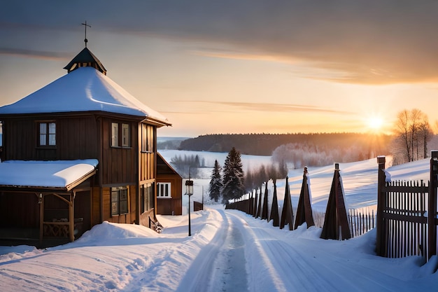 A winter landscape with a house and snow on the ground