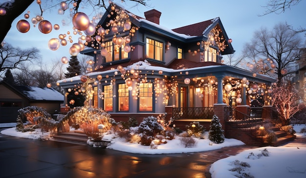 Winter landscape with house with Christmas decoration and lighting AI generated