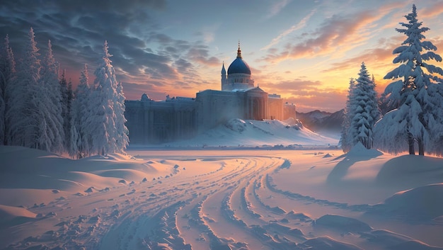 Winter landscape with the image of the Temple of Christ Pantocrator at sunset