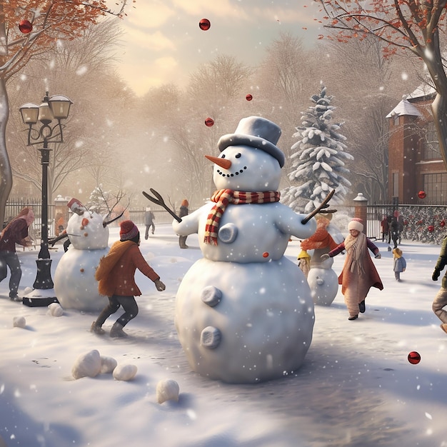 winter landscape with a jolly snowman and Frosty the Snowman standing together amidst a snowman