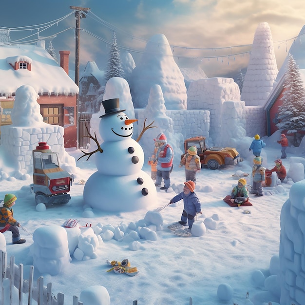 winter landscape with a jolly snowman and Frosty the Snowman standing together amidst a snowman