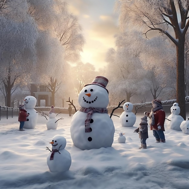 winter landscape with a jolly snowman and Frosty the Snowman standing together amidst a snowman