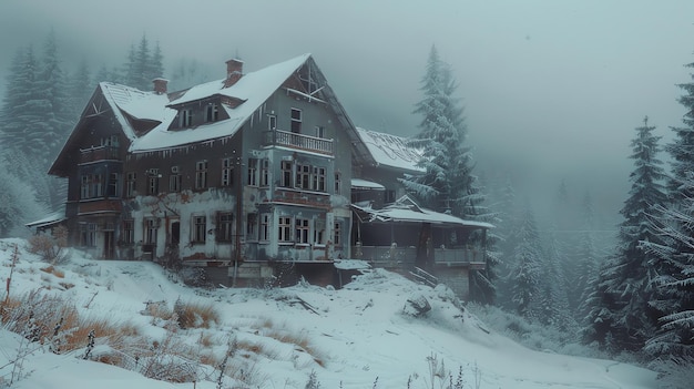 A winter landscape with a large abandoned house in the middle The house is surrounded by tall fir trees and snowcovered bushes