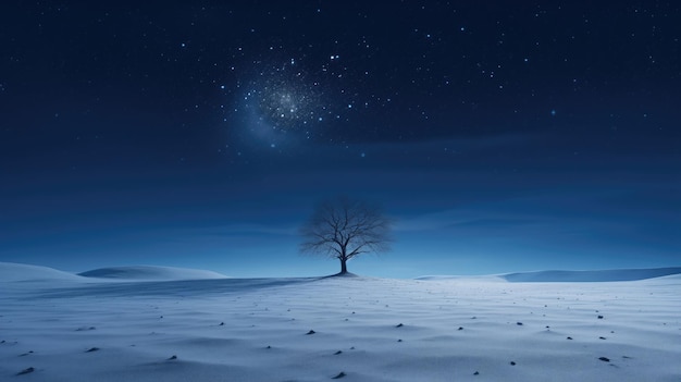 Winter landscape with lonely tree and starry sky