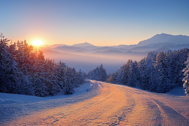 Winter landscape with mountain road