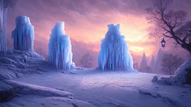 Winter landscape with neon sunset Large blocks of ice frozen trees Fantasy winter snowy landscape Frozen nature 3D illustration