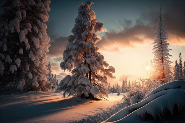 Winter landscape with pine forest Illustration Generative AI