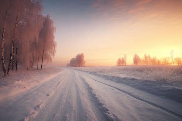 Winter landscape with a road and trees in the foreground