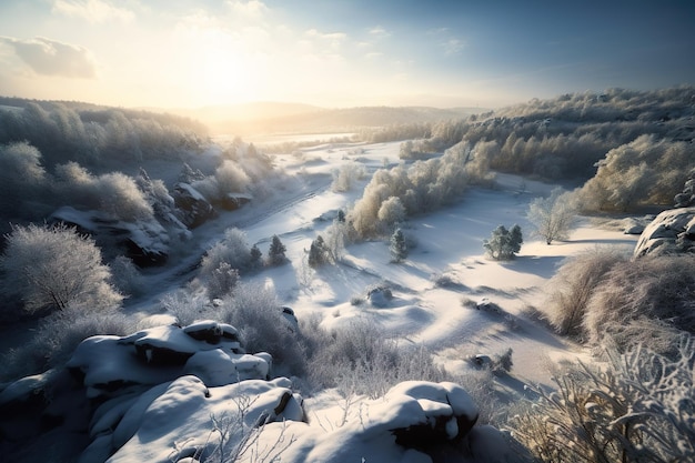 A winter landscape with snow and trees in the foreground.