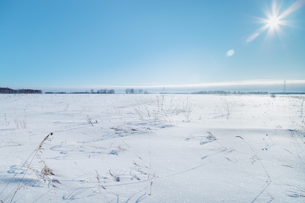 Winter landscape with snowcovered field and blue sky grass with frost white snow sparkles in sun