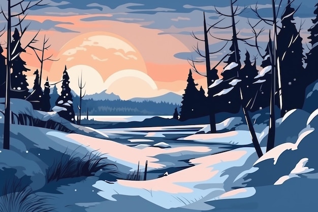 A winter landscape with a snowy landscape and a snowy landscape.