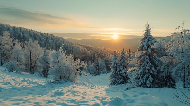 winter landscape with a snowy landscape and a sunset