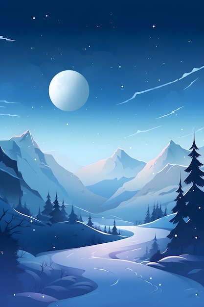 A winter landscape with a snowy mountain and the moon in the background.