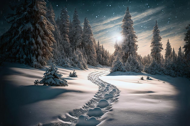 A winter landscape with a snowy path and footprints in the snow