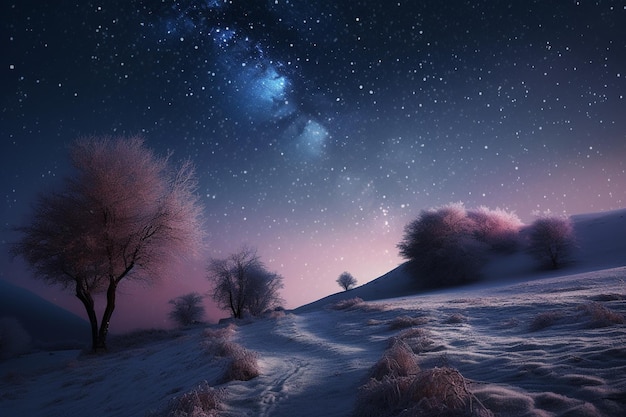 Winter landscape with starry sky and milky way 3d rendering generative ai