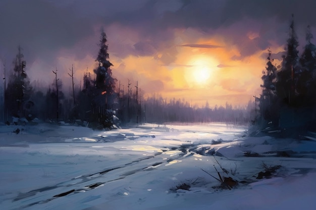 A winter landscape with a sunset in the background