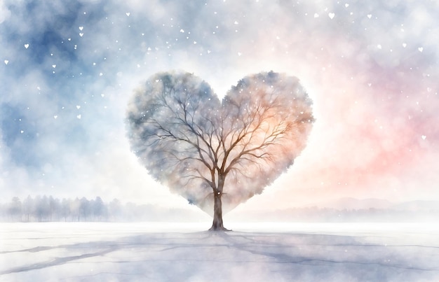 Winter landscape with tree heart shape and snowfall Watercolor illustration