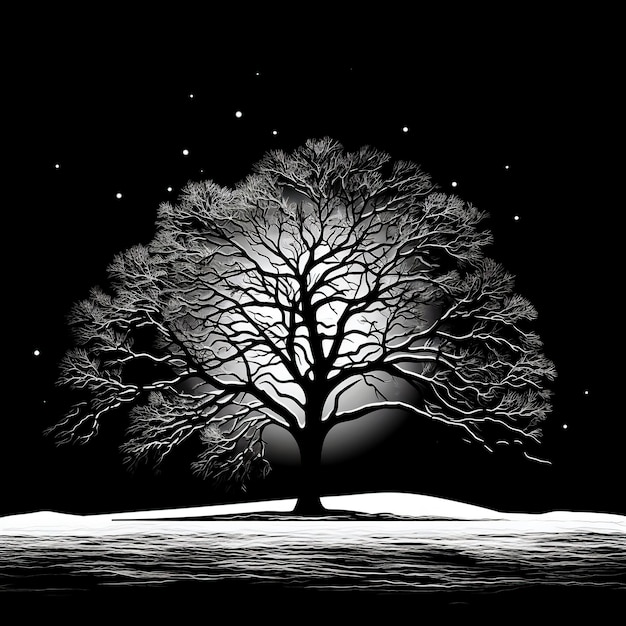 Winter landscape with tree and moon on black background A lonely tree